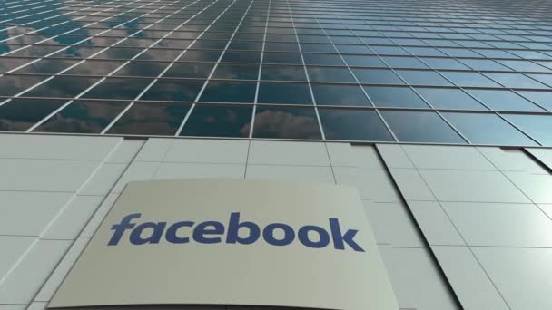 Signage deska z logo Facebooka. Nowoczesny biurowiec fasada upływ czasu. Redakcji renderowania 3d — Wideo stockowe