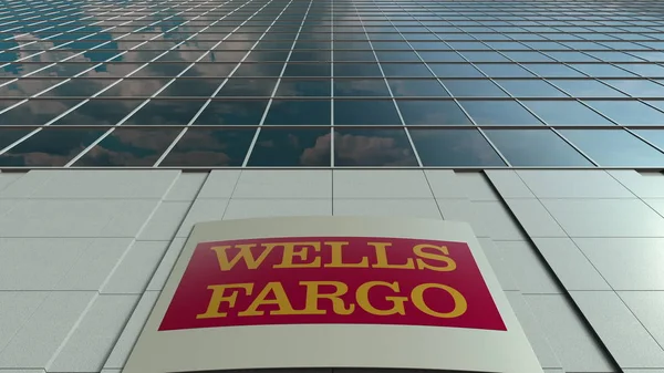 Вивісок ради з логотипом Wells Fargo. Сучасні офісні фасаду будівлі. Редакційні 3d-рендерінг — стокове фото