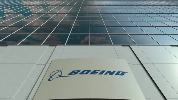 Panneau de signalisation avec logo Boeing Company. Façade moderne d'immeubles de bureaux. Editorial rendu 3D — Photo