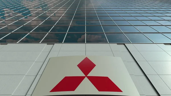Rada značení s logem Mitsubishi. Moderní kancelářská budova fasáda. Úvodník 3d vykreslování — Stock fotografie