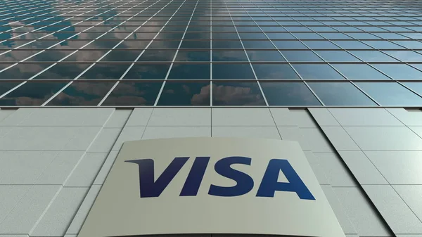Доска с логотипом Visa Inc. Современный фасад офисного здания. Редакционная 3D рендеринг — стоковое фото