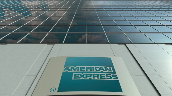 Rada značení s logem American Express. Moderní kancelářská budova fasáda. Úvodník 3d vykreslování — Stock fotografie