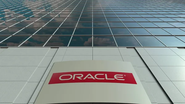 Papan nama dengan logo Oracle Corporation. Bangunan kantor yang modern. Perenderan 3D Editorial — Stok Foto