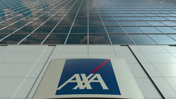 กระดานป้ายพร้อมโลโก้ AXA อาคารสํานักงานที่ทันสมัย การบรรณาธิการ 3D — ภาพถ่ายสต็อก