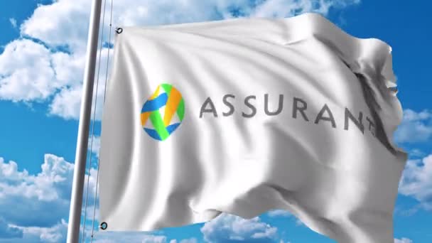 Mengayunkan bendera dengan logo Assurant. Animasi editorial 4K — Stok Video