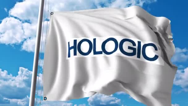 Bandera ondeante con logo Hologic. Animación editorial 4K — Vídeo de stock