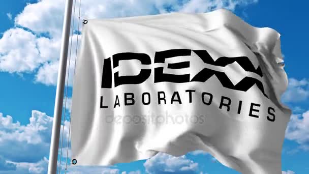 Bandiera sventolante con logo Idexx Laboratories. Animazione editoriale 4K — Video Stock
