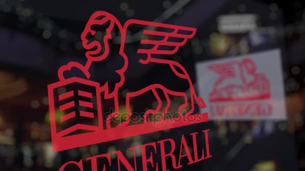 โลโก้ Generali Group บนกระจกกับศูนย์ธุรกิจเบลอ การบรรณาธิการ 3D — วีดีโอสต็อก