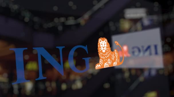 ING Group logotipo no vidro contra o centro de negócios desfocado. Renderização 3D editorial — Vídeo de Stock