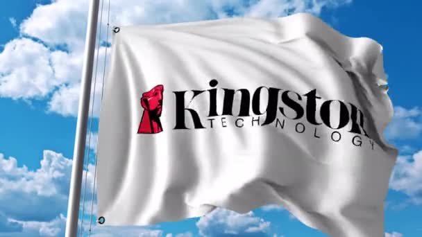 Kingston Technology logolu bayrak sallıyor. 4 k editoryal animasyon — Stok video