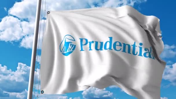 Bandera ondeante con logo Prudential Financial. Animación editorial 4K — Vídeos de Stock