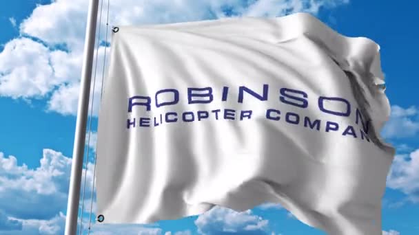 로빈슨 헬리콥터 회사 로고와 함께 흔들며 플래그입니다. 4 k 편집 애니메이션 — 비디오
