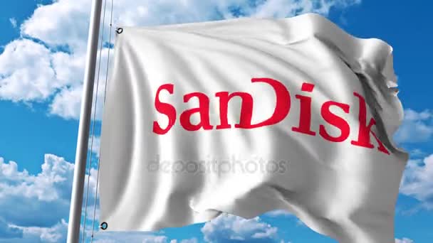 Bandera ondeante con logo SanDisk. Animación editorial 4K — Vídeo de stock