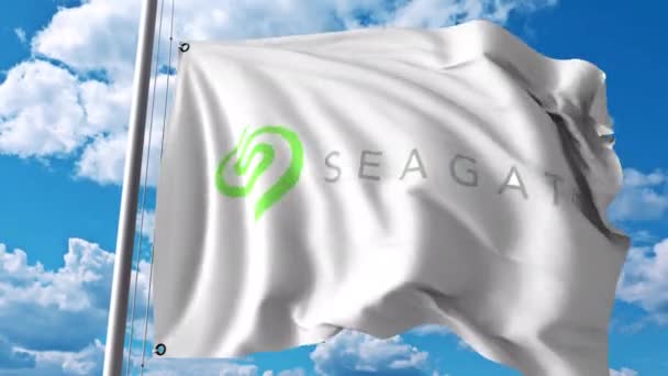 Размахиваю флагом с логотипом Seagate Technology. Редакция 4K — стоковое видео