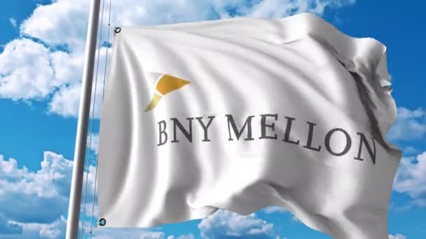 Bandera ondeando con el logo de The Bank Of New York Mellon. Animación editorial 4K — Vídeos de Stock