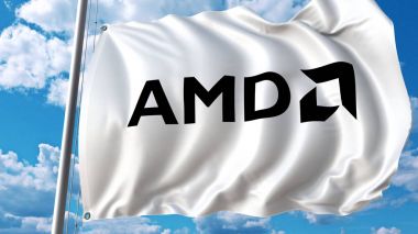 Waving flag with Advanced Micro Devices AMD logo. Editoial 3D rendering clipart