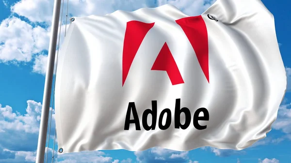 Розмахуючи прапором з логотипом Adobe Systems. Editoial 3d візуалізації — стокове фото