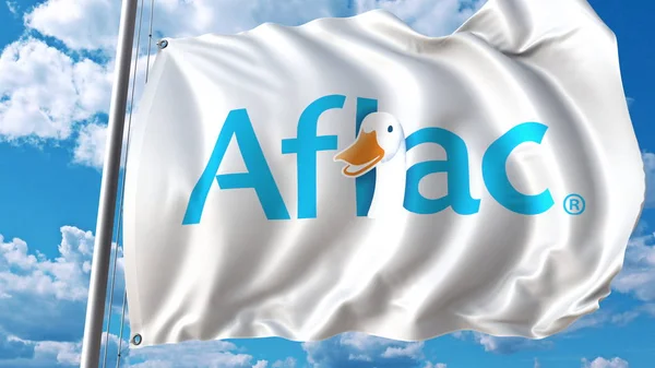 Bandiera sventolante con logo Aflac. Rendering 3D editoriale — Foto Stock