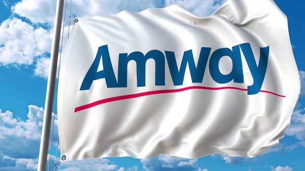 Bandera ondeante con logotipo de Amway. Representación editorial 3D —  Fotos de Stock