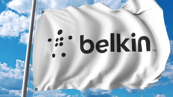 Bandiera sventolante con logo Belkin. Rendering 3D editoriale — Foto Stock