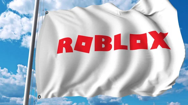 Bandera ondeante con logo Roblox. Representación editorial 3D — Foto de Stock