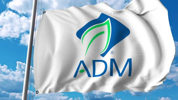 Bandiera sventolante con logo Archer Daniels Midland. Rendering 3D editoriale — Foto Stock