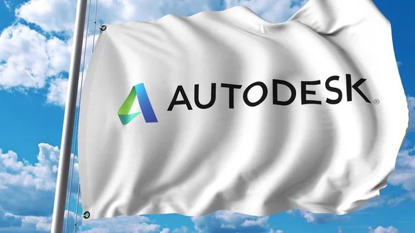 Integetett zászló Autodesk logóval. Editoial 3D-s renderelés — Stock Fotó