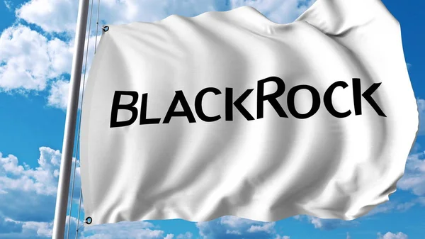 Bandera ondeante con logo BlackRock. Representación editorial 3D — Foto de Stock