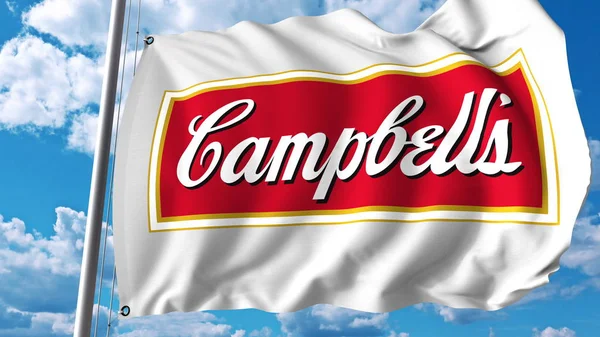 Bandera ondeando con el logotipo de Campbell Soup Company. Representación editorial 3D — Foto de Stock