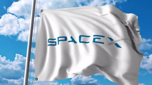Vlající vlajka s logem Spacex. 4 k redakční animace — Stock video