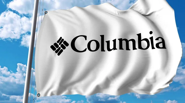 Macha flagą z logo Columbia Sportswear. Renderowania Editoial 3d — Zdjęcie stockowe