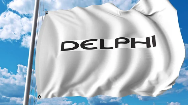 Bandera ondeante con logo Delphi Automotive. Representación editorial 3D — Foto de Stock