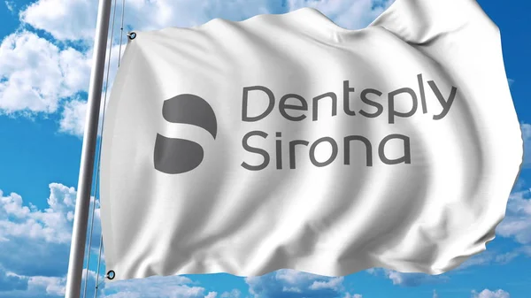 Waving flag with Dentsply Sirona logo. Editoial 3D rendering — Stock Photo, Image