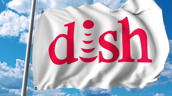 Macha flagą z logo Dish Network. Renderowania Editoial 3d — Zdjęcie stockowe