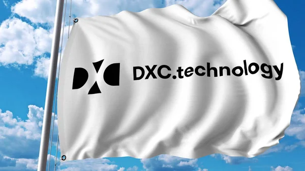 Bandiera sventolante con logo Dxc Technology. Rendering 3D editoriale — Foto Stock