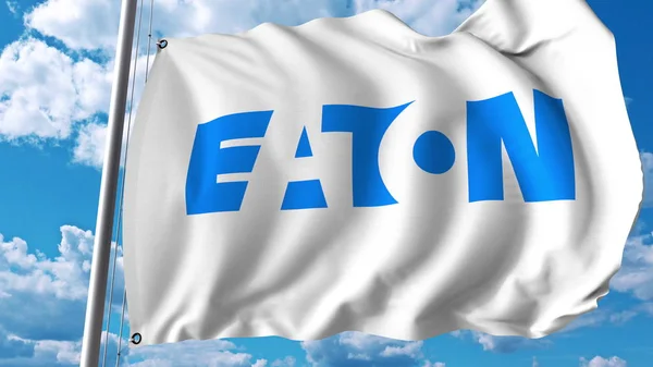 Bandiera sventolante con logo Eaton Corporation. Rendering 3D editoriale — Foto Stock