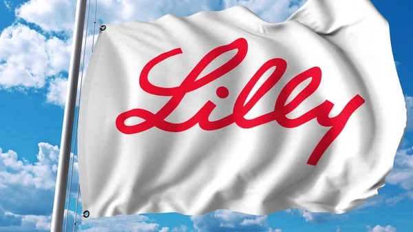 Bandiera sventolante con logo Eli Lilly And Company. Rendering 3D editoriale — Foto Stock