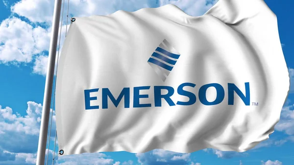 Bandiera sventola con logo Emerson Electric. Rendering 3D editoriale — Foto Stock