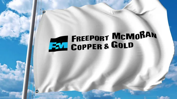 Wapperende vlag met Freeport Mcmoran logo. Editoial 3d rendering — Stockfoto