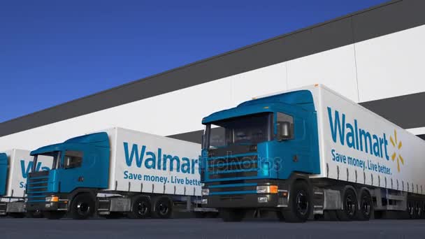 Грузовые полугрузовики с логотипом Walmart погрузка или разгрузка на складе док, бесшовная петля. Редакционная анимация 4K — стоковое видео