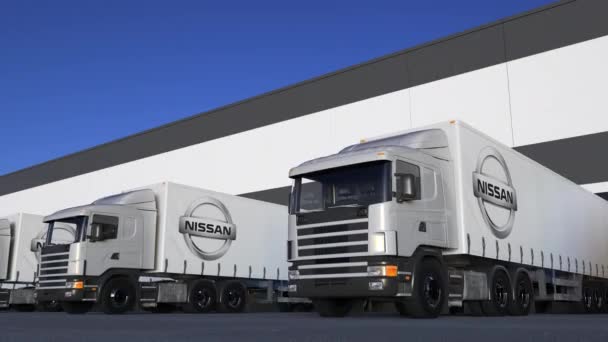 Freight semi trucks with Nissan logo loading or unloading at warehouse dock, seamless loop. Editorial 4K animation — Stock Video