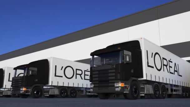 Freight semi trucks with LOreal logo loading or unloading at warehouse dock, seamless loop. Editorial 4K animation — Stock Video