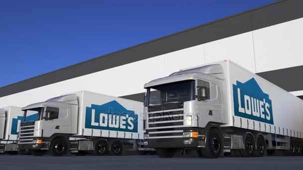 Freight semi trucks with Lowes logo loading or unloading at warehouse dock, seamless loop. Editorial 4K animation — Stock Video