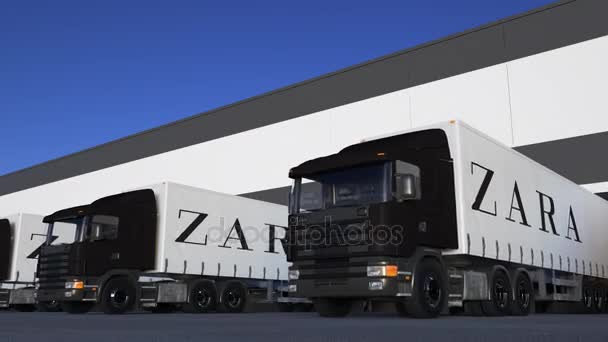 Áru félig teherautók Zara logó be- vagy kirakodási raktár dokk, varrat nélküli hurok. Szerkesztői 4k animáció — Stock videók