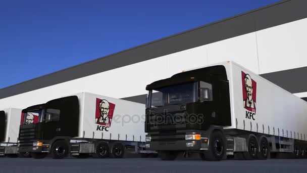 Semi frachtu, którą ciężarówki z logo Kentucky Fried Chicken Kfc załadunku lub rozładunku w hurtowni stacji dokującej, bez szwu pętli. Animacja redakcji 4k — Wideo stockowe