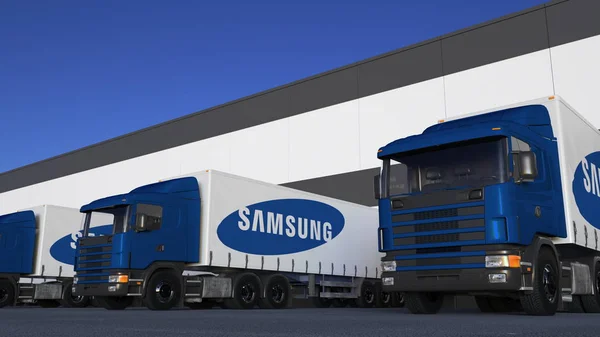 Sattelschlepper mit Samsung-Logo beim Be- oder Entladen im Lagerdock. redaktionelles 3D-Rendering — Stockfoto