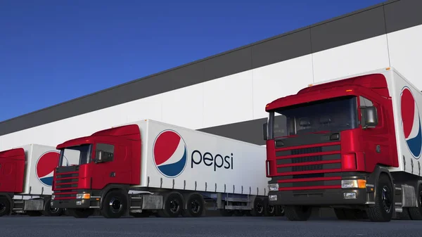 Грузовые полуприцепы с логотипом Pepsi, погрузка или разгрузка на складе. Редакционная 3D рендеринг — стоковое фото