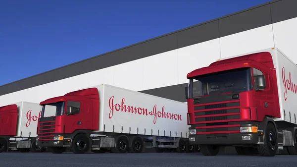 ジョンソンのロゴをロードまたはアンロードの倉庫でドックに貨物半トラック。3 d レンダリングの社説 — ストック写真