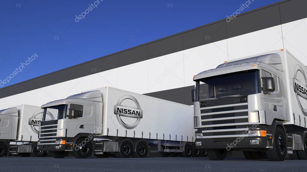 Freight semi trucks with Nissan logo loading or unloading at warehouse dock. Editorial 3D