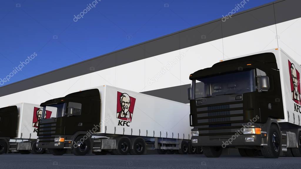 Freight semi trucks with Kentucky Fried Chicken KFC logo loading or unloading at warehouse dock. Editorial 3D